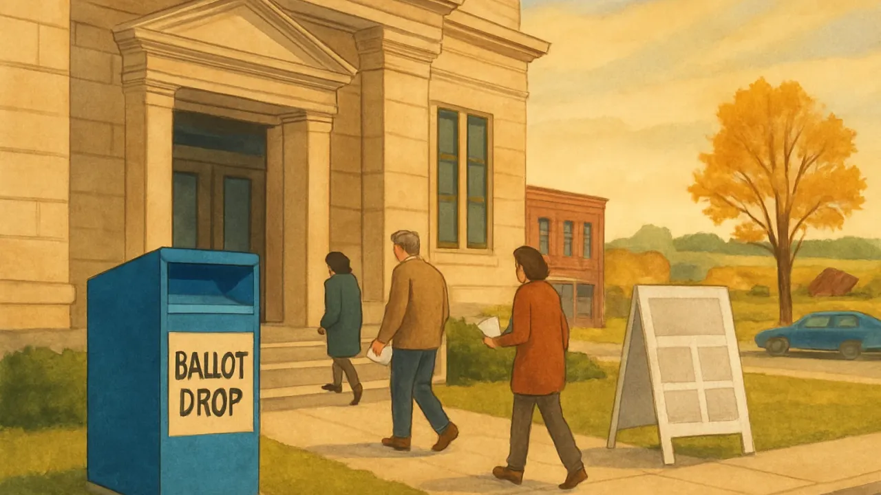 Illustration of a courthouse west entrance with a secured ballot drop box during advance voting