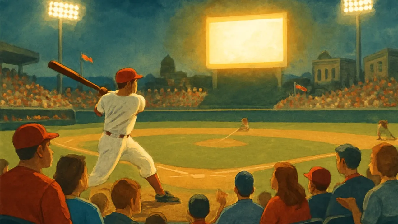 Illustration of a packed baseball stadium with a batter mid-swing and fans cheering during a home run derby-style moment.