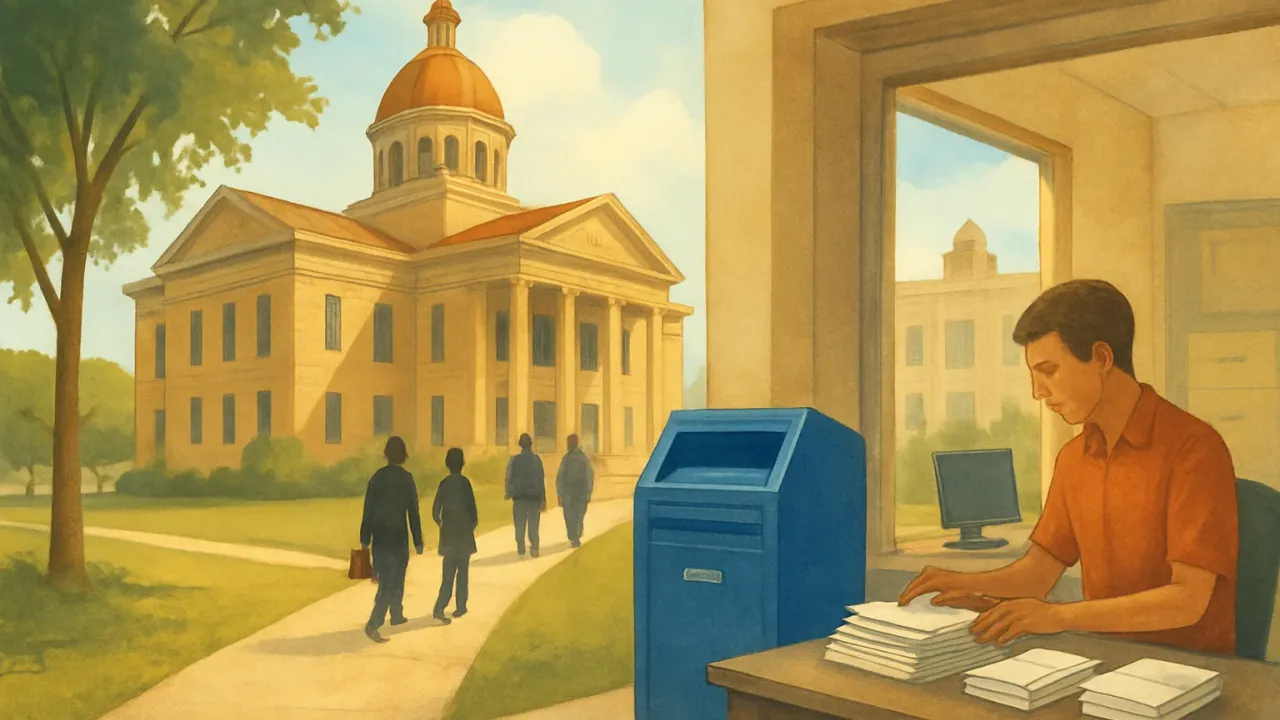 Illustration of a courthouse beside an election office sorting area where mail ballots are organized after Election Day.