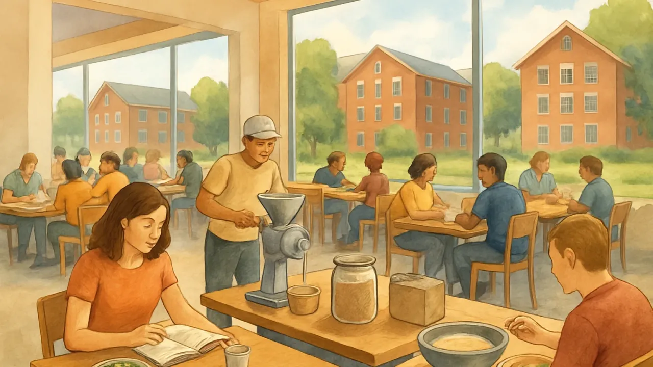 Campers enjoying a summer meal in a college dining hall while a hands-on milling demonstration takes place nearby, with campus buildings in the background.