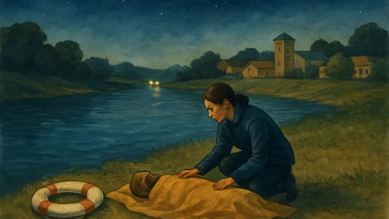 Illustration of river safety with a lifebuoy and caregiver near a dark shoreline at night