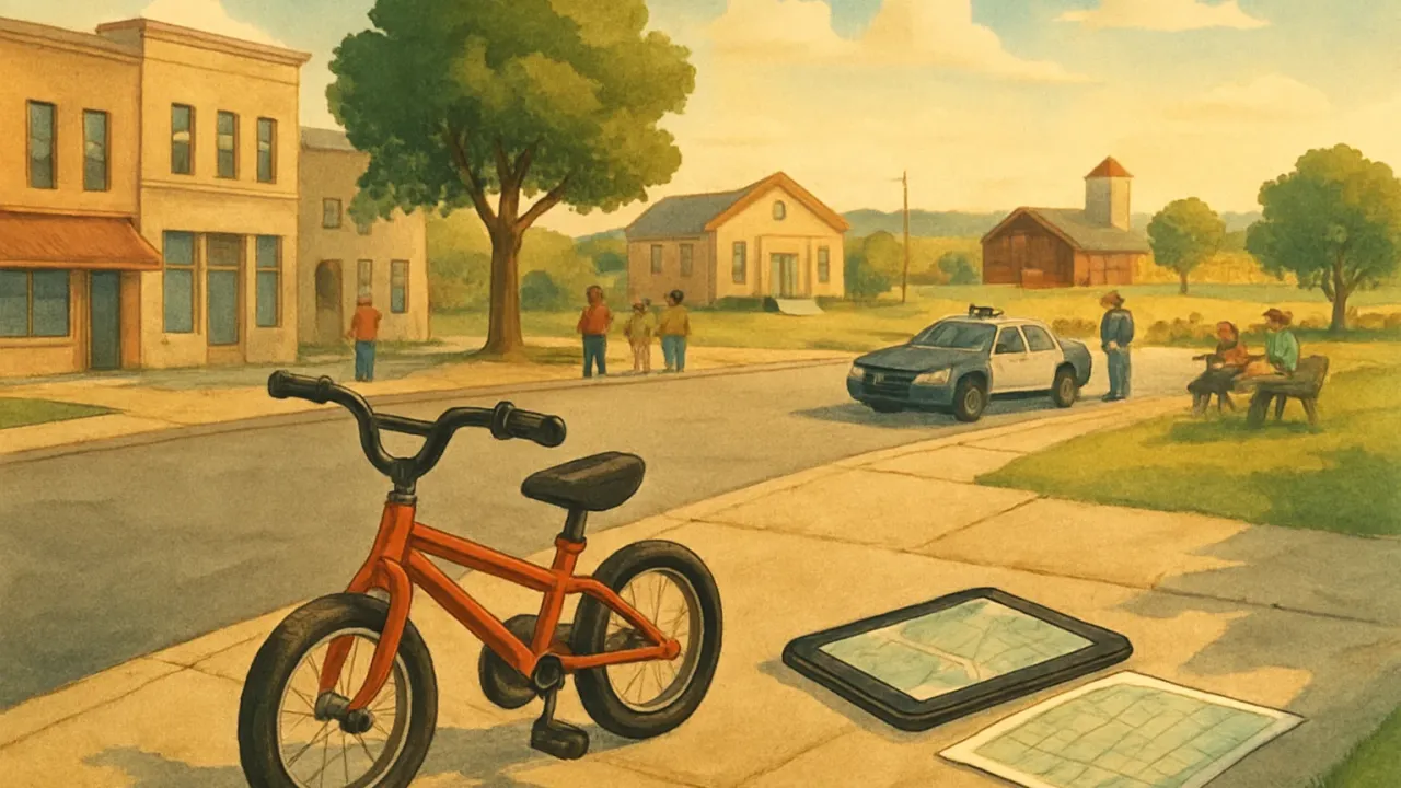 A community search scene near a street with a bicycle, tablet, and responders looking for a missing child