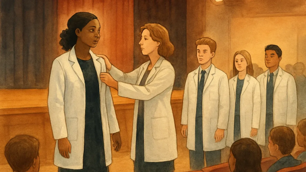 Students receiving white coats at a welcoming ceremony in a performing arts venue