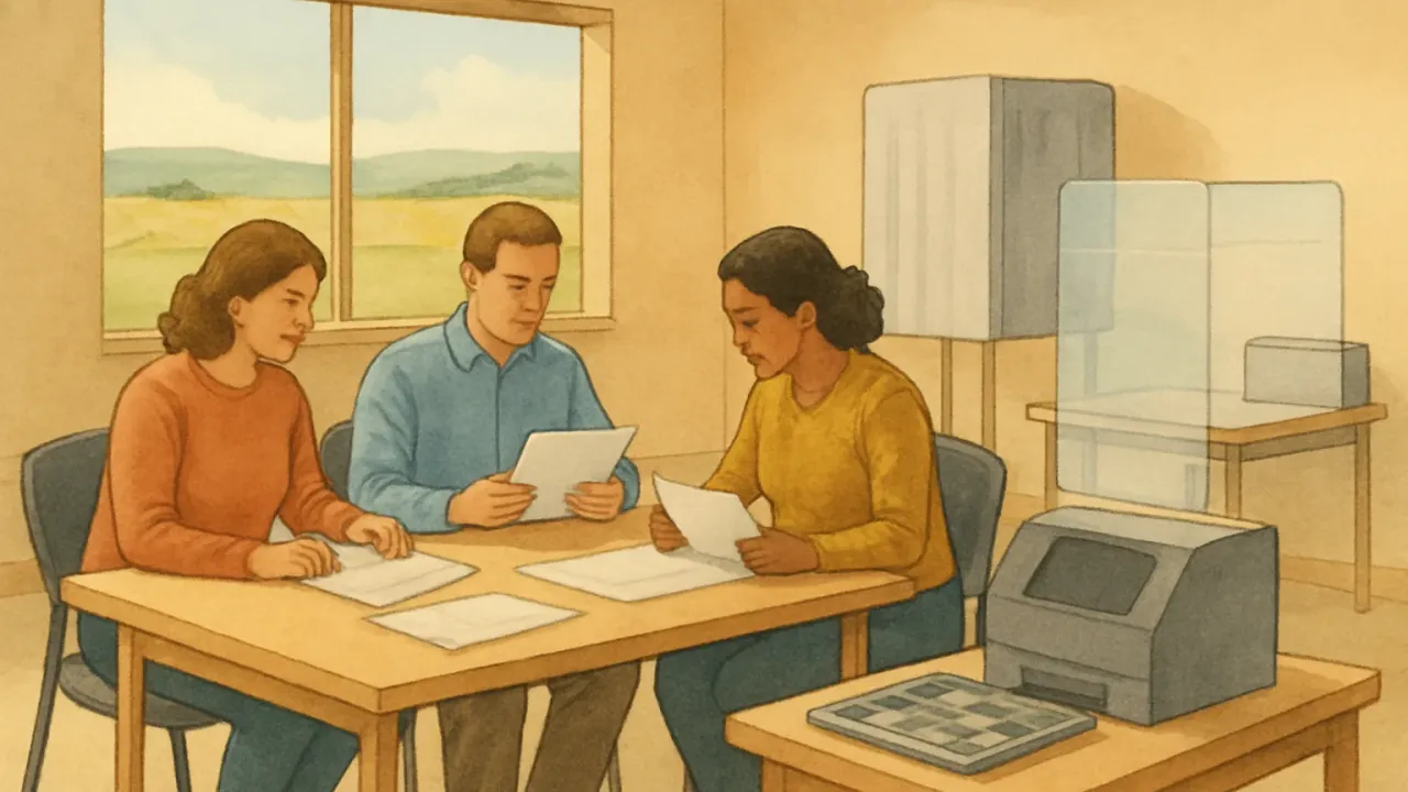 An illustration of election workers reviewing ballots and audit materials inside a community polling place with abstract layered security elements.