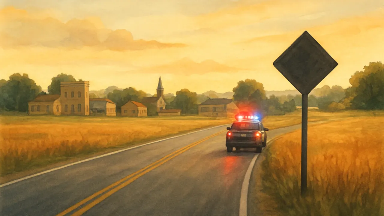 Rural U.S. 54 highway scene with emergency response activity at dawn