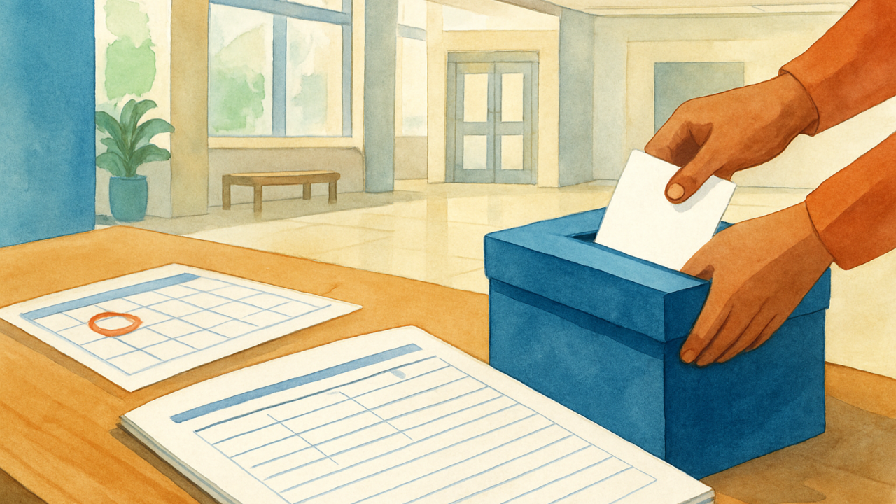 Illustration showing voter registration paperwork near a ballot drop box with a summer calendar deadline highlight.