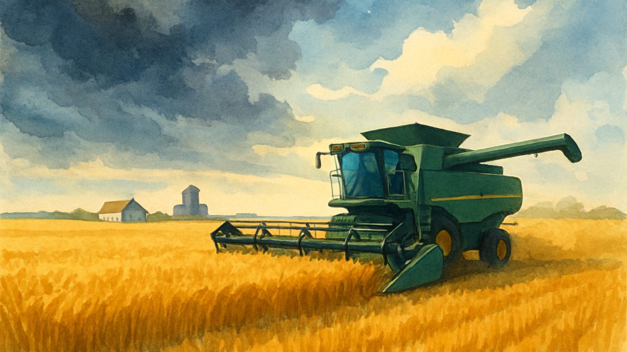 Artist’s illustration of wheat being harvested with changing clouds over a rural Kansas landscape.