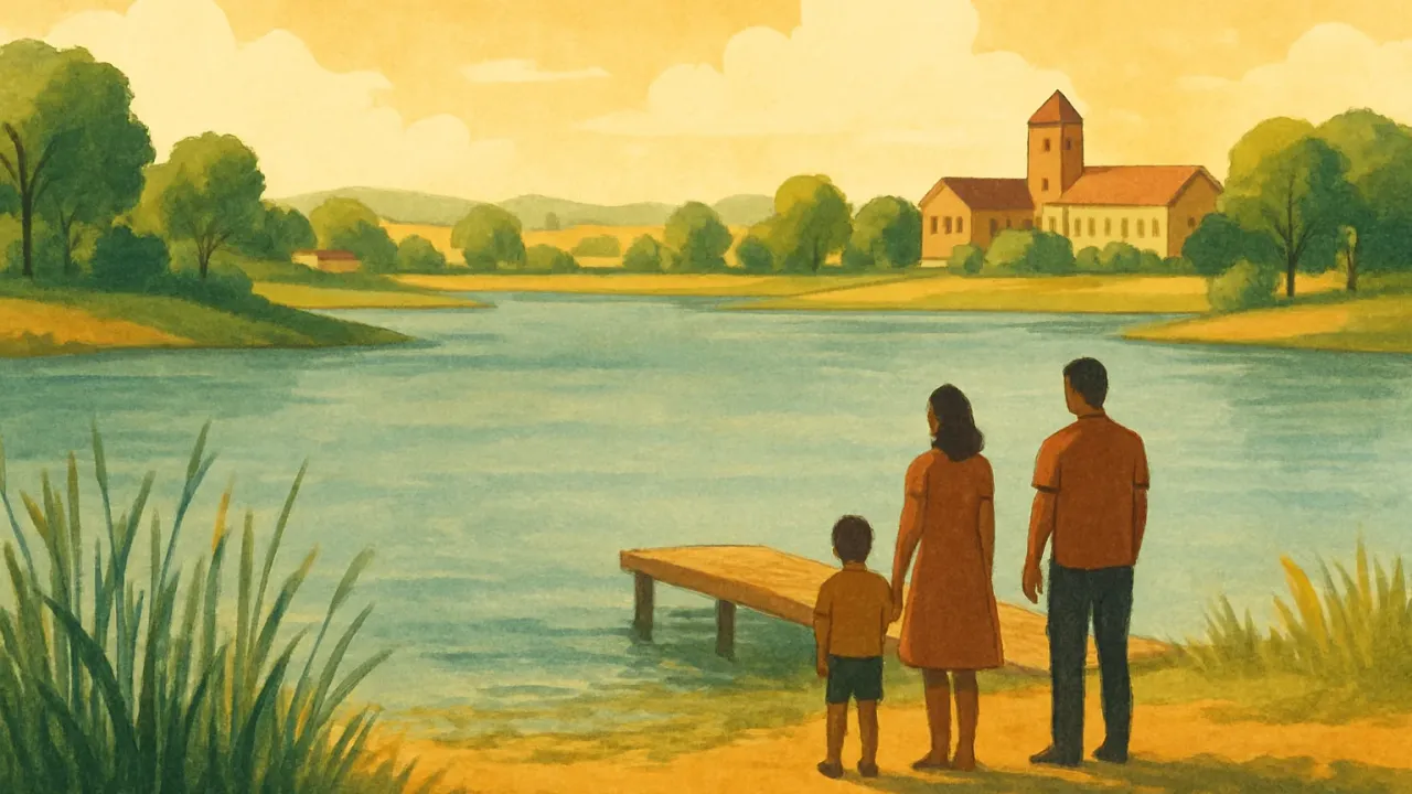 A lakeside scene suggesting harmful algal bloom conditions and water-safety precautions.