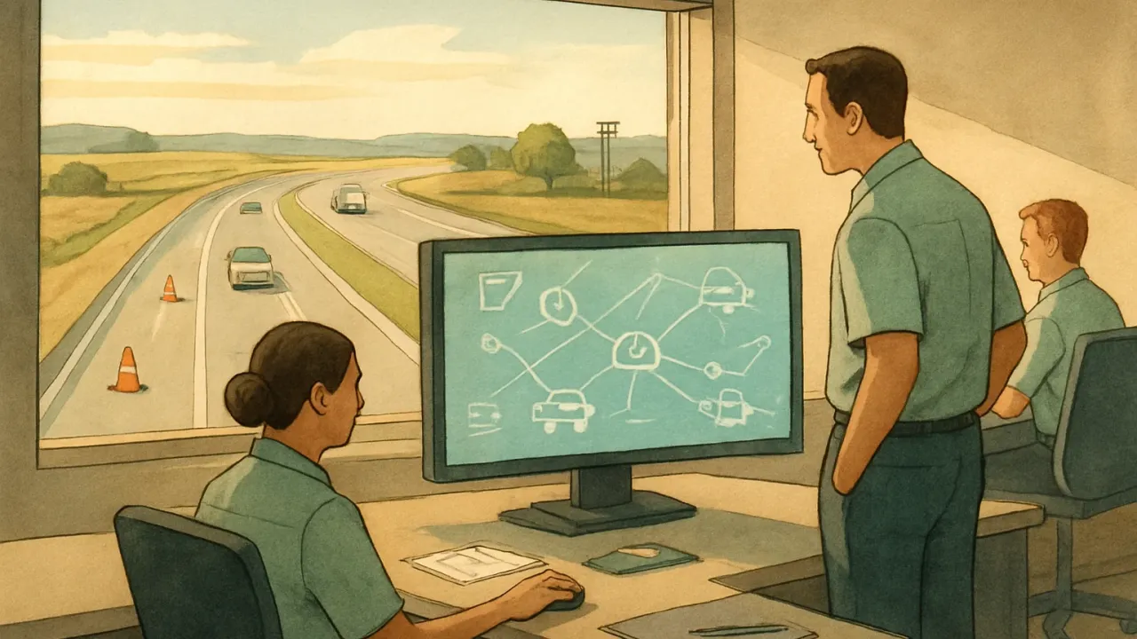 A modern traffic operations room with staff using an abstract dashboard to represent streamlined statewide crash data reporting.