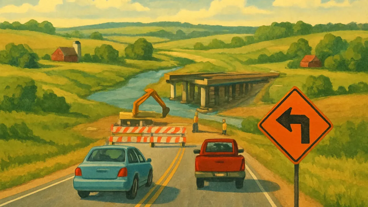Illustration of a highway detour near a river bridge construction area outside Larned.