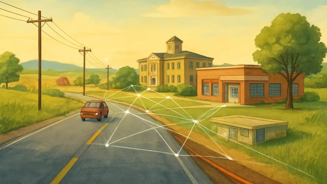 A Kansas highway right-of-way depicted as connected underground infrastructure linking a school and community buildings to a broadband network.