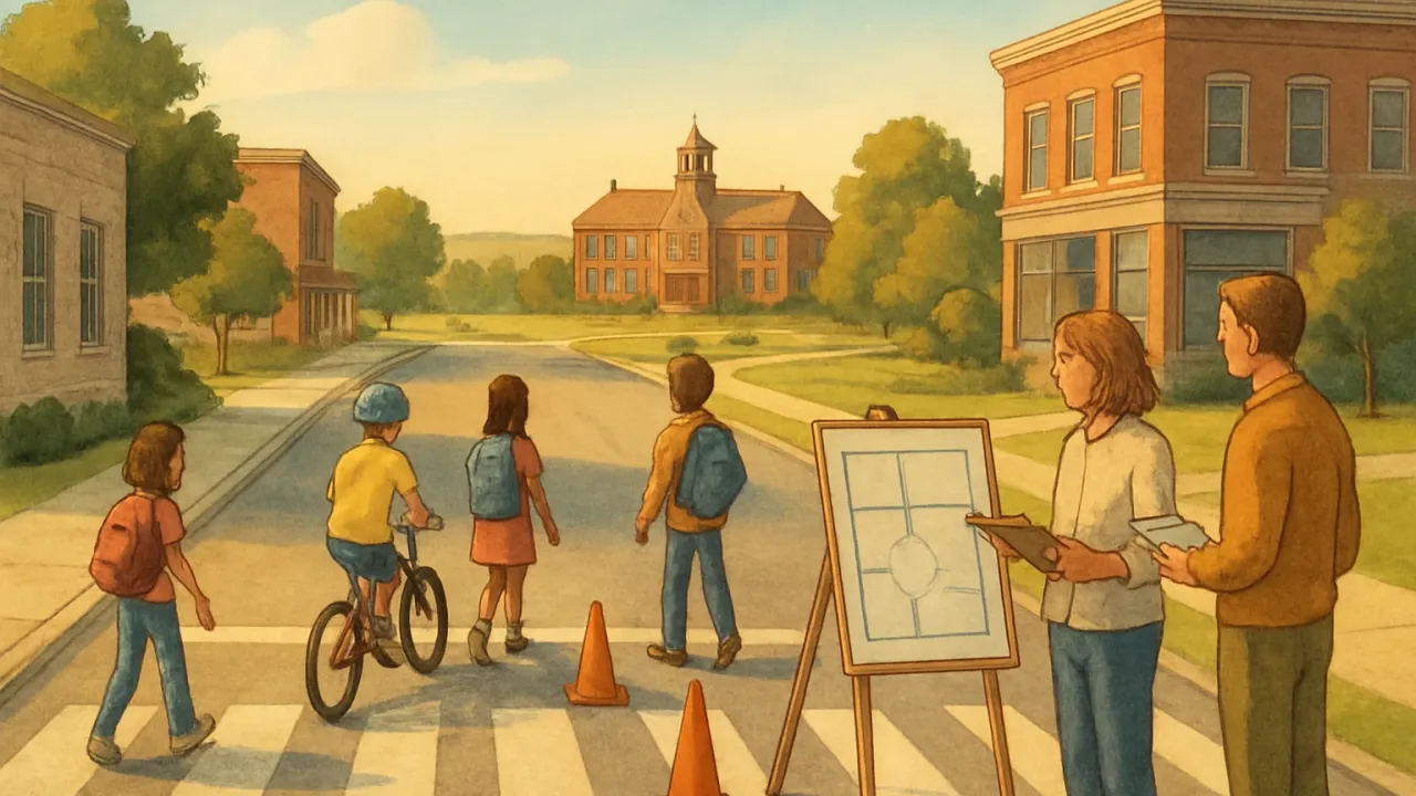 Children walking and biking toward a school along a safer street route with community planning support in the background.