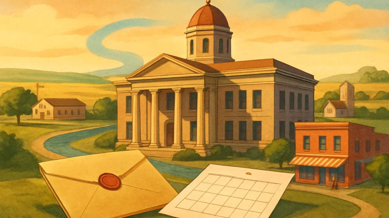 A courthouse illustration with a sealed document and a calendar symbolizing Kansas clemency procedure and timelines.