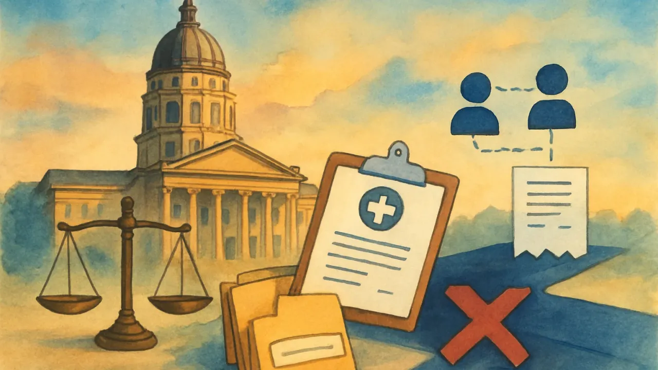 Court scales and filing folders beside a healthcare payment ledger with blocked fund-flow arrows