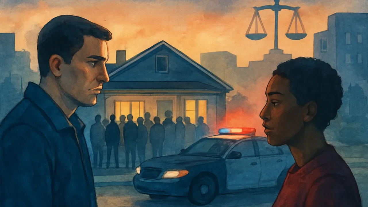 Illustration of a nighttime neighborhood gathering with police light glow and courthouse scales indicating criminal charges after a shooting.