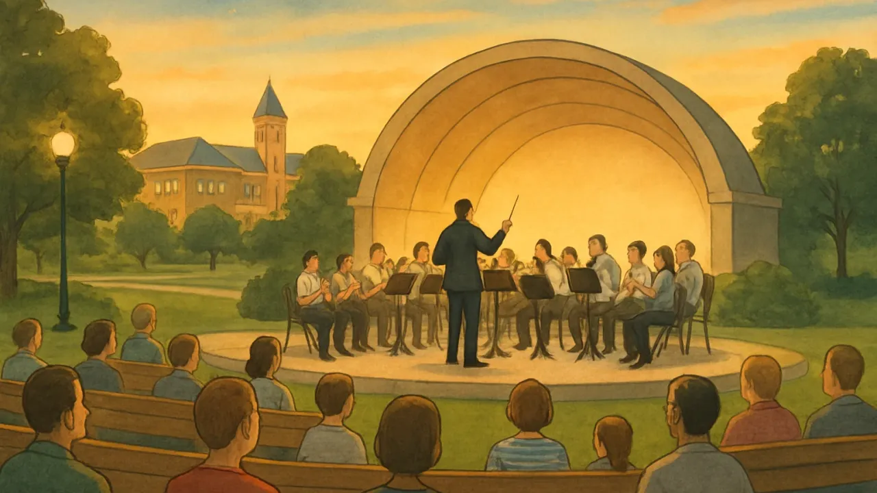 A conductor leads an outdoor community band performance in a park with an evening audience and a distant university-like skyline.