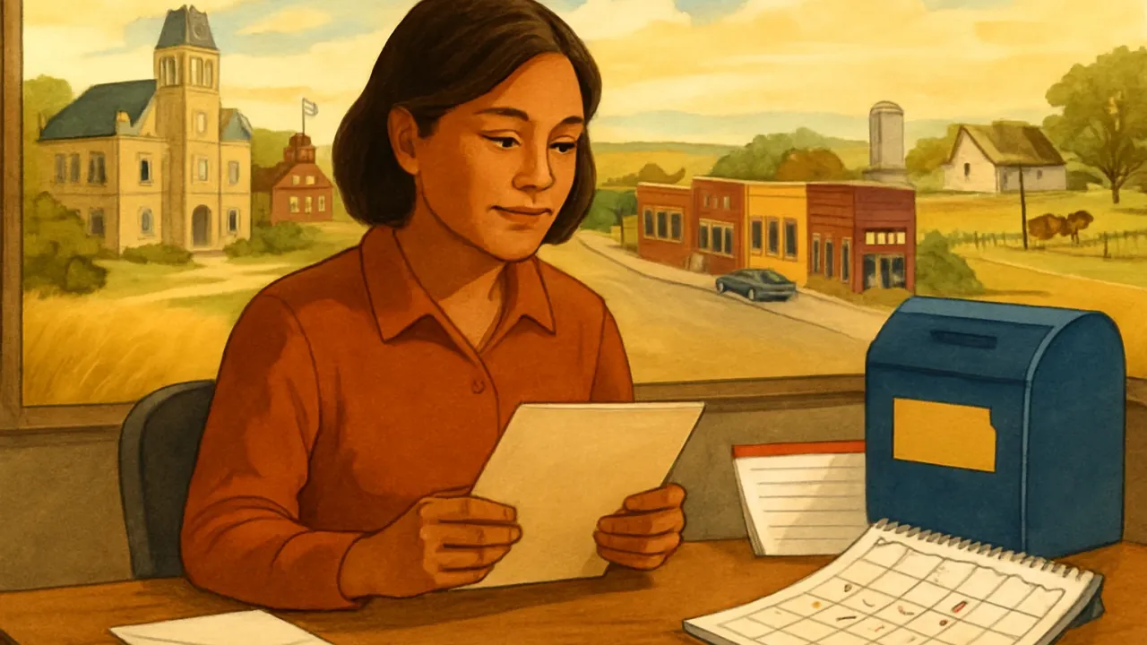 A civic desk scene with documents and a deadline calendar symbolizing voter registration updates in Kansas.
