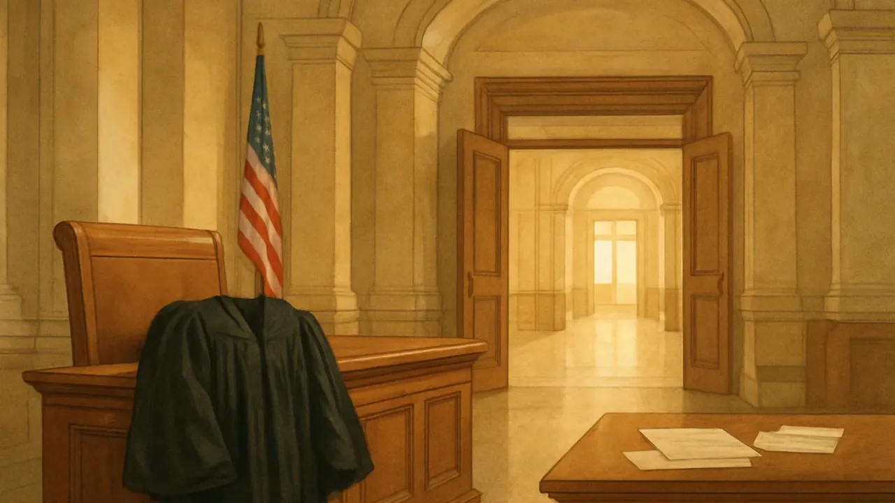 A courthouse interior illustration showing a justice bench and civic documents.