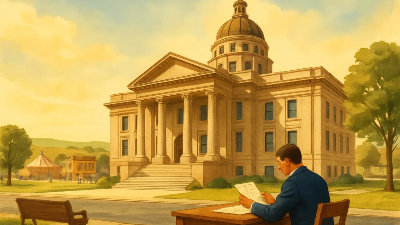 An illustration of Kansas civic buildings with a symbolic courthouse bench and a person reviewing court documents.
