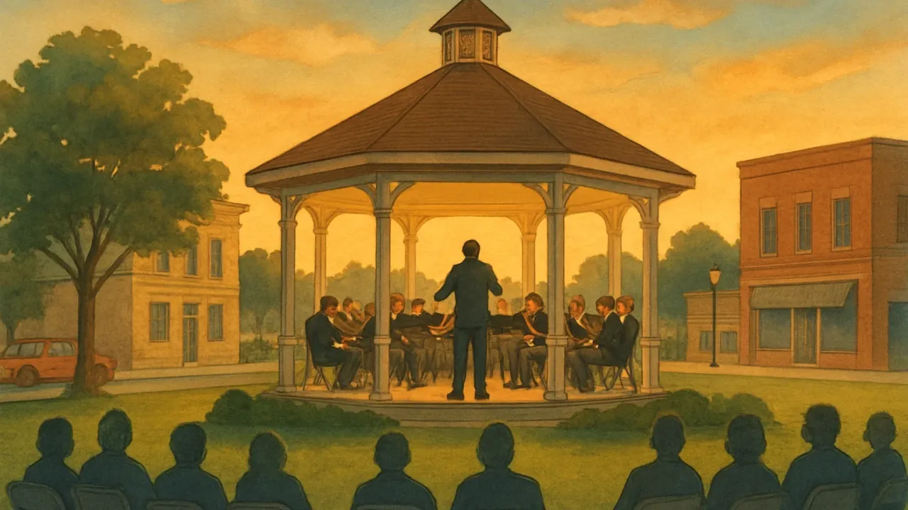 A dusk-time scene of a community band performance on an outdoor bandstand with an attentive conductor and an audience.