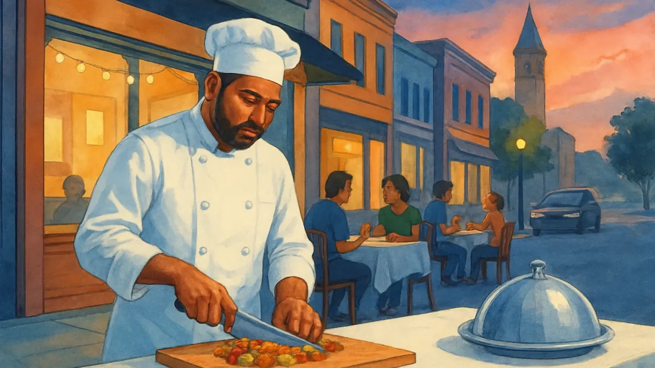 A Lawrence street scene with a chef preparing halal food for diners at an outdoor restaurant table.