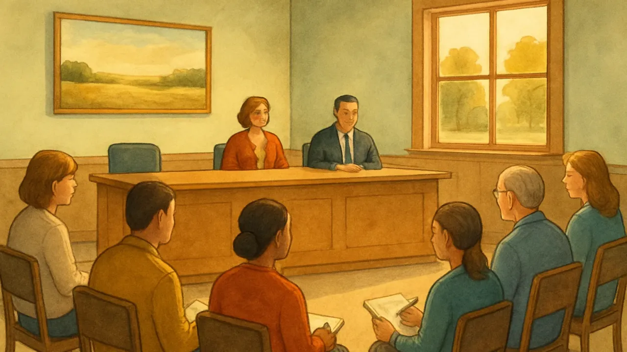 A welcoming illustration of a school board meeting with community members present.