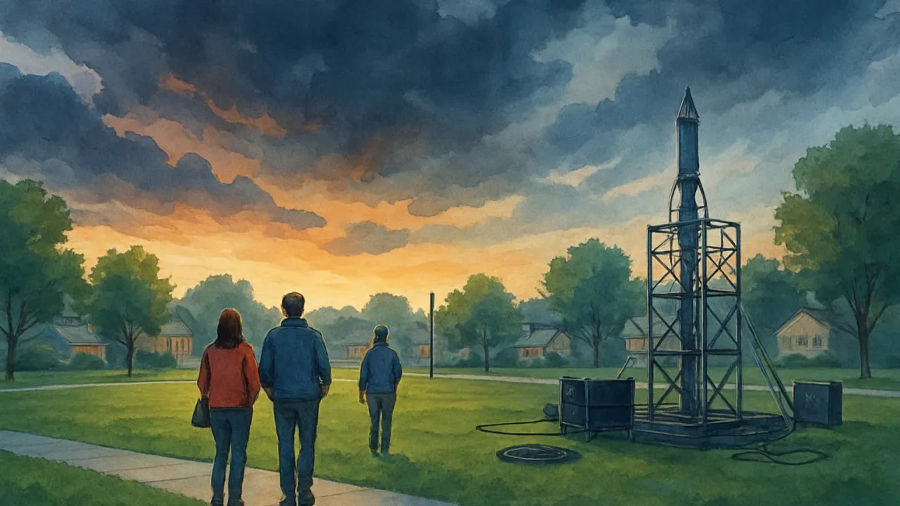 An evening community park scene showing storm clouds parting and preparations for rescheduled fireworks.