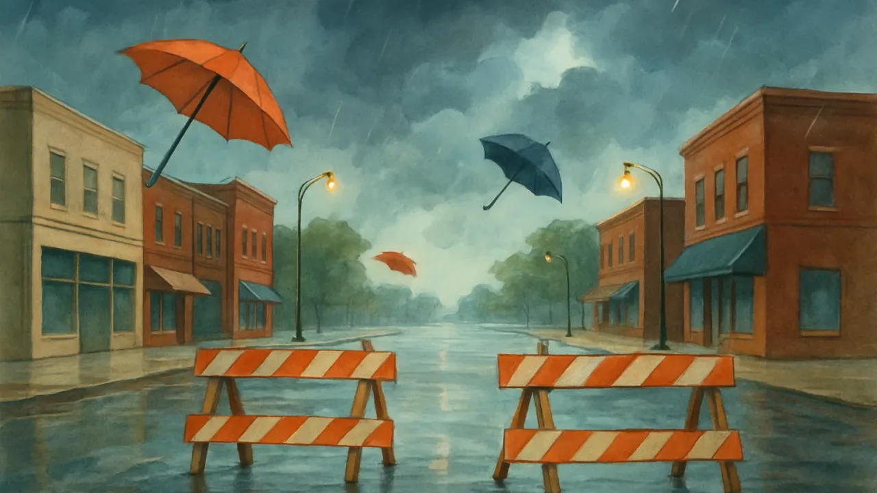 Empty parade street in Old Town Lenexa under storm clouds as the event is canceled.