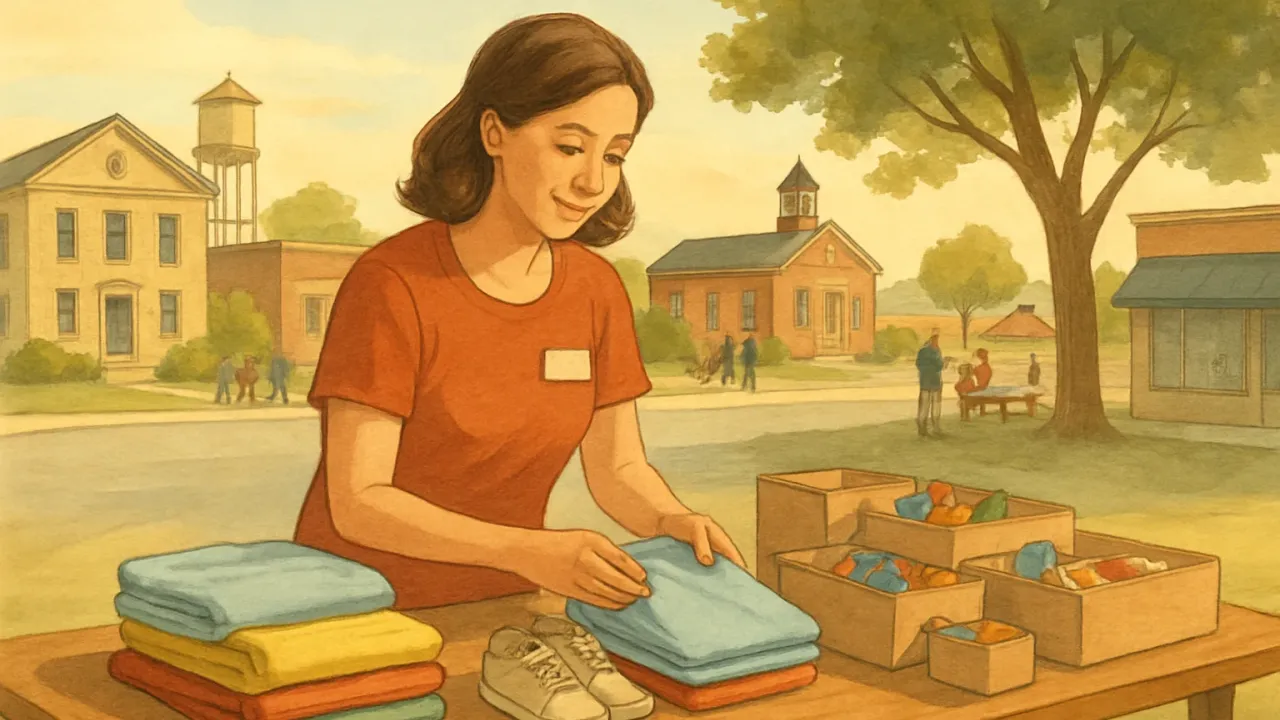 A volunteer arranges children’s care packages and essentials at a community donation table.