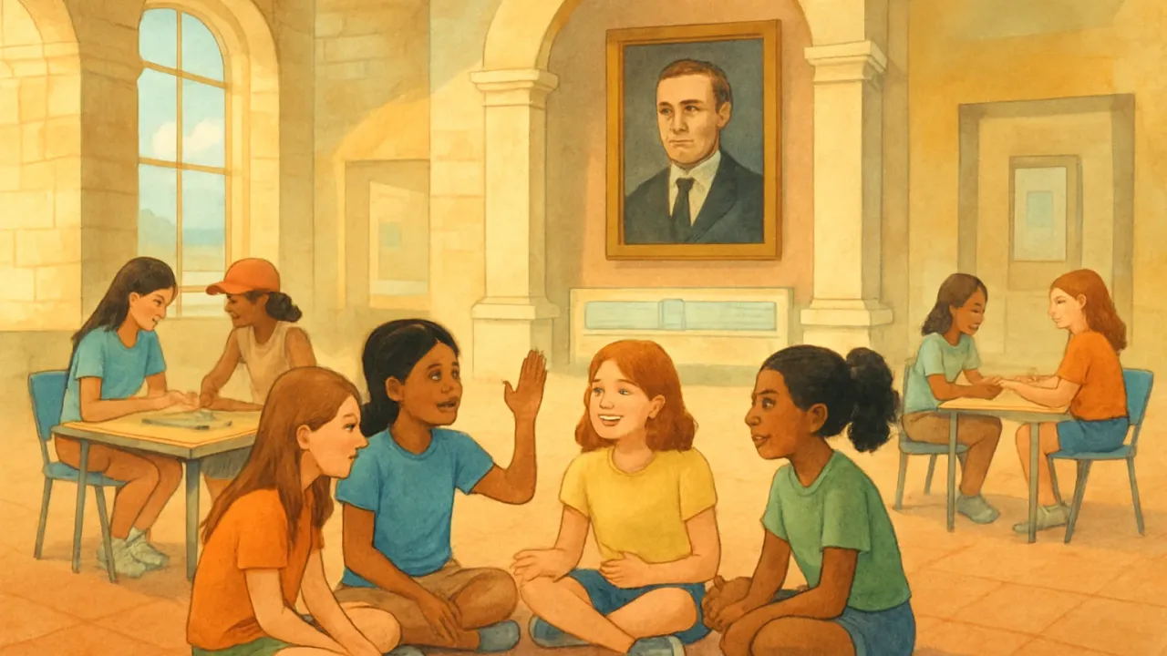 Young girls participating in interactive leadership activities in a museum-style setting
