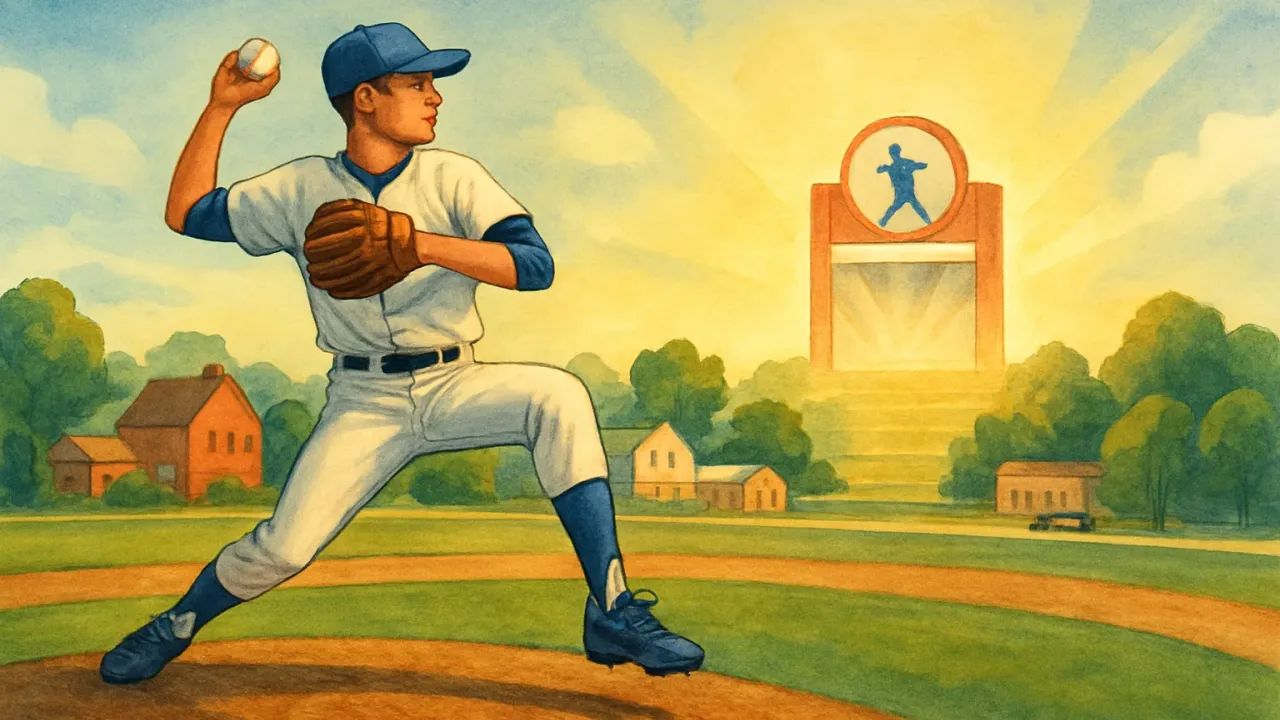 A baseball pitcher on a field with an upward, hopeful pathway toward professional baseball.