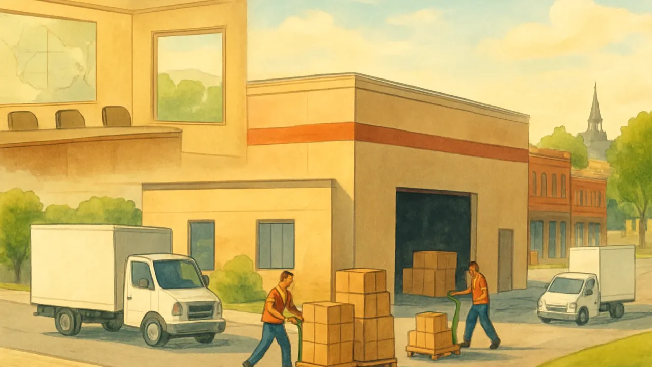 A warehouse and delivery activity scene alongside a city planning meeting setting.