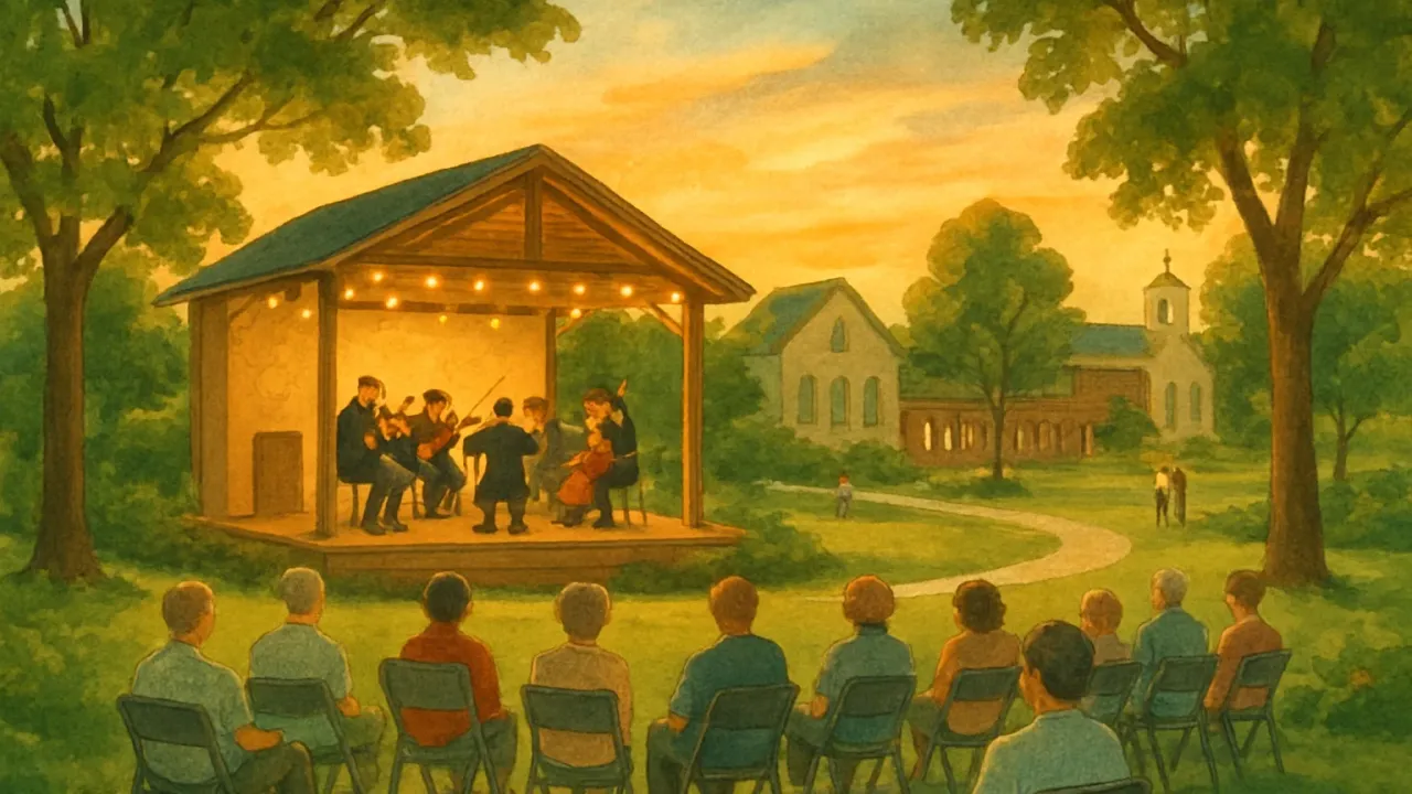 A crowd enjoying a live orchestra concert in a landscaped summer garden setting