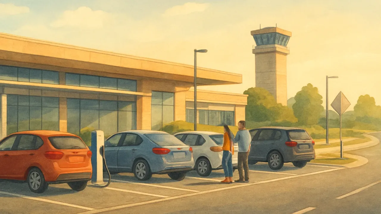 Illustration of a new airport cellphone lot with orderly parked cars, EV charging stations, and an emergency call point near a terminal area.