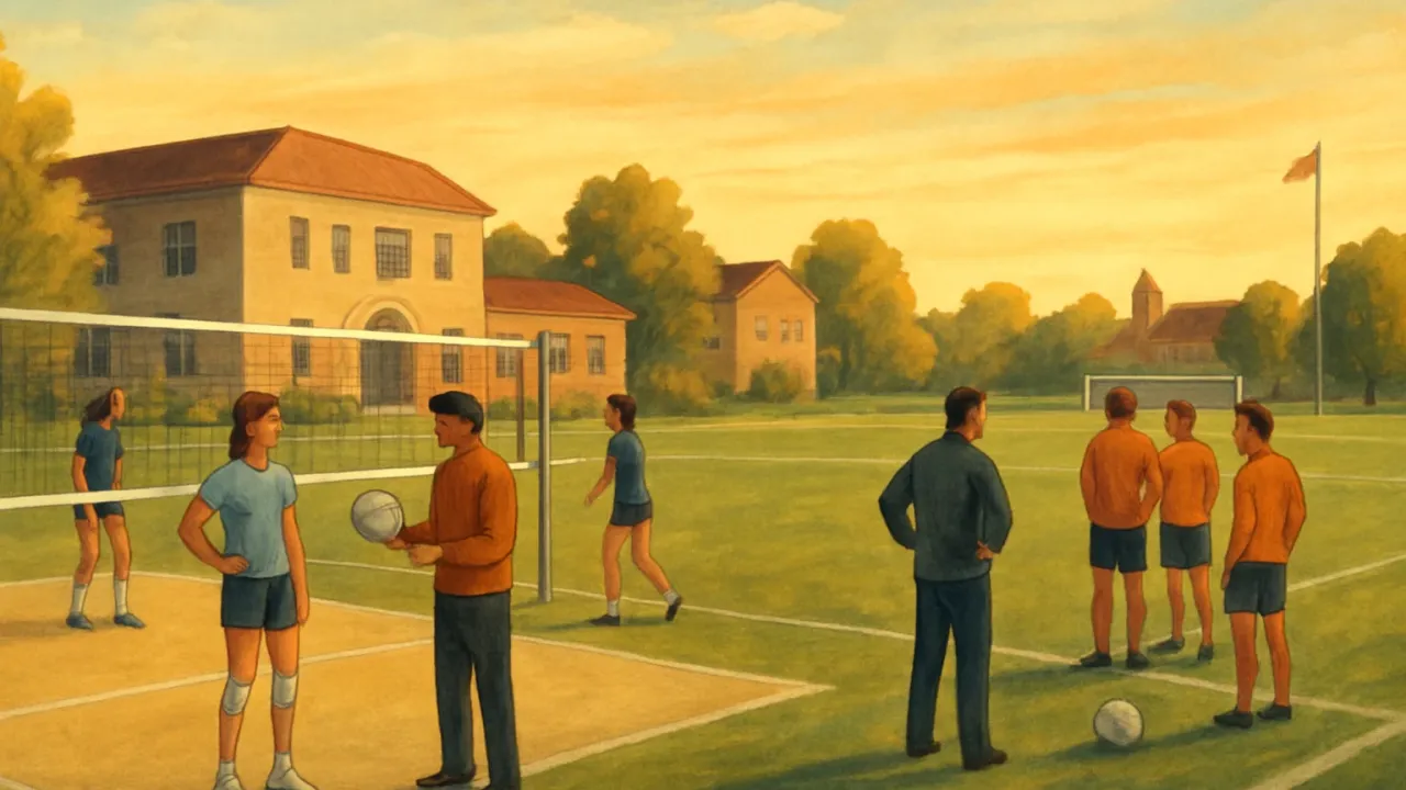 A sports-themed illustration showing volleyball and soccer practice at a community college campus.