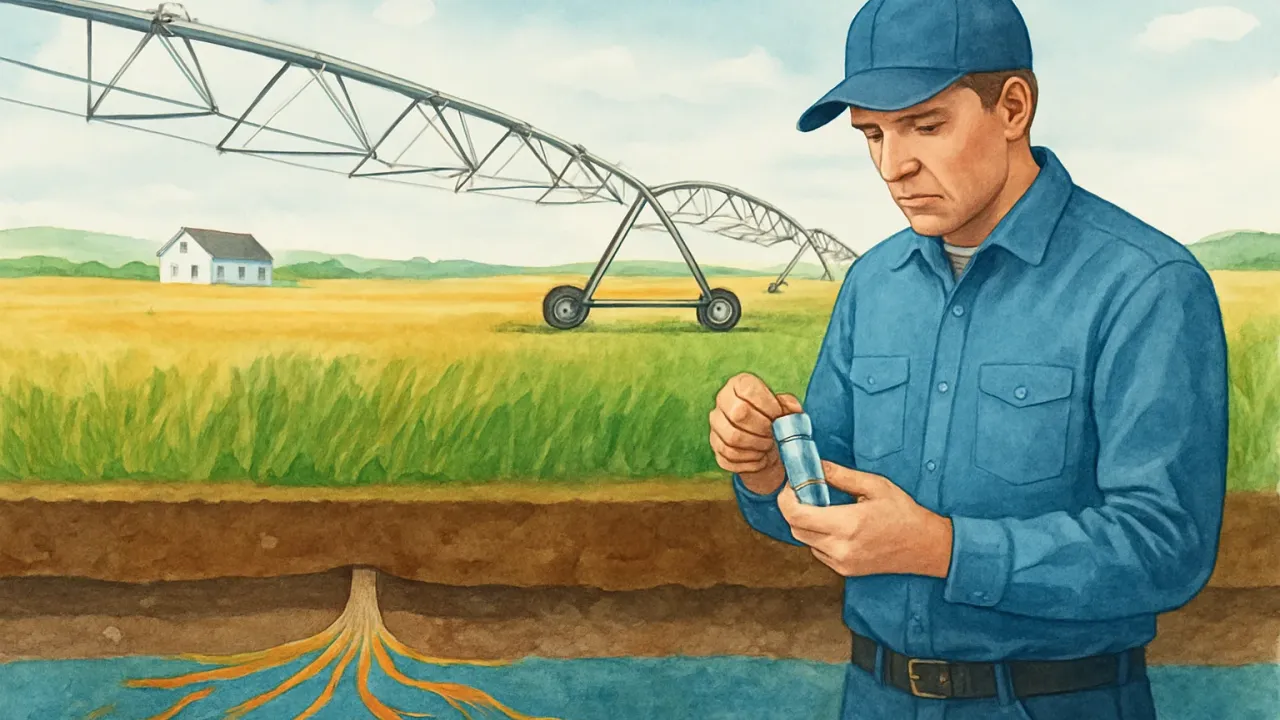 A rural Kansas irrigation scene with a cross-section showing nutrient-rich groundwater and a farmer testing irrigation water.