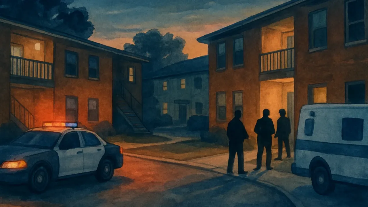 Illustration of an apartment complex at dusk with investigators and emergency vehicles after a shooting investigation