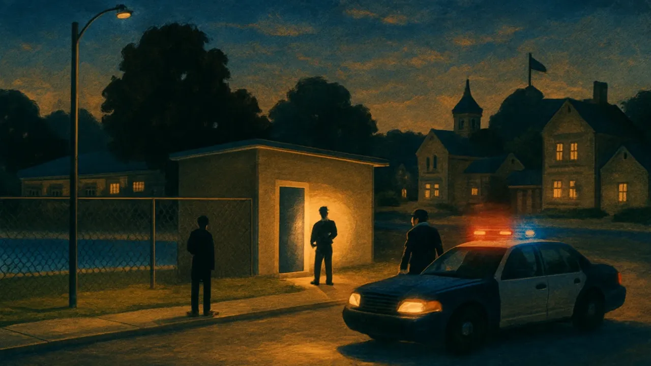 Nighttime illustration of investigators near a fenced HOA pool property after a reported break-in.