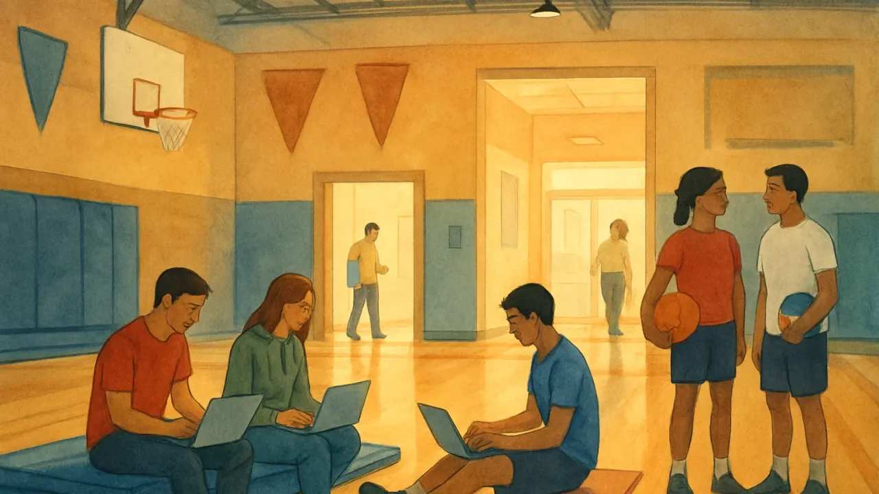Illustration of students preparing for school activities in a gym and hallway, with virtual learning elements shown through laptops and activity equipment.