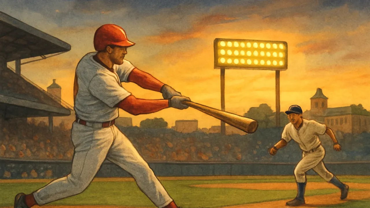 Artist’s illustration of a late-game baseball comeback in a stadium with a batter at the moment of a home run and runners moving on the bases.
