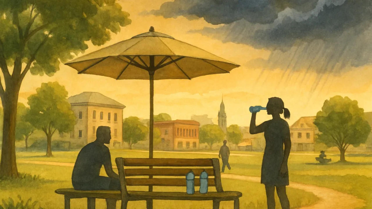 A Kansas City city-park scene with storm clouds in the distance and people taking shade and water breaks during hot weather