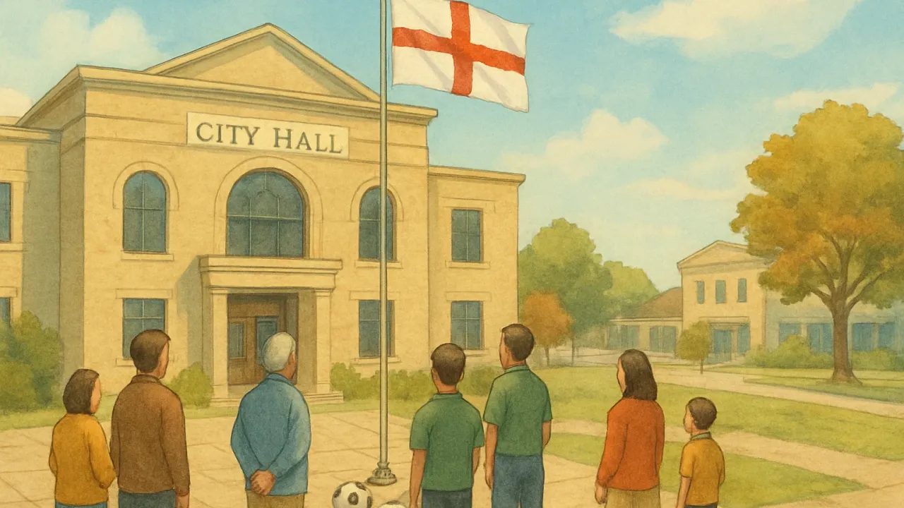 Illustration of a city hall courtyard with a flag raised and a small community gathering.