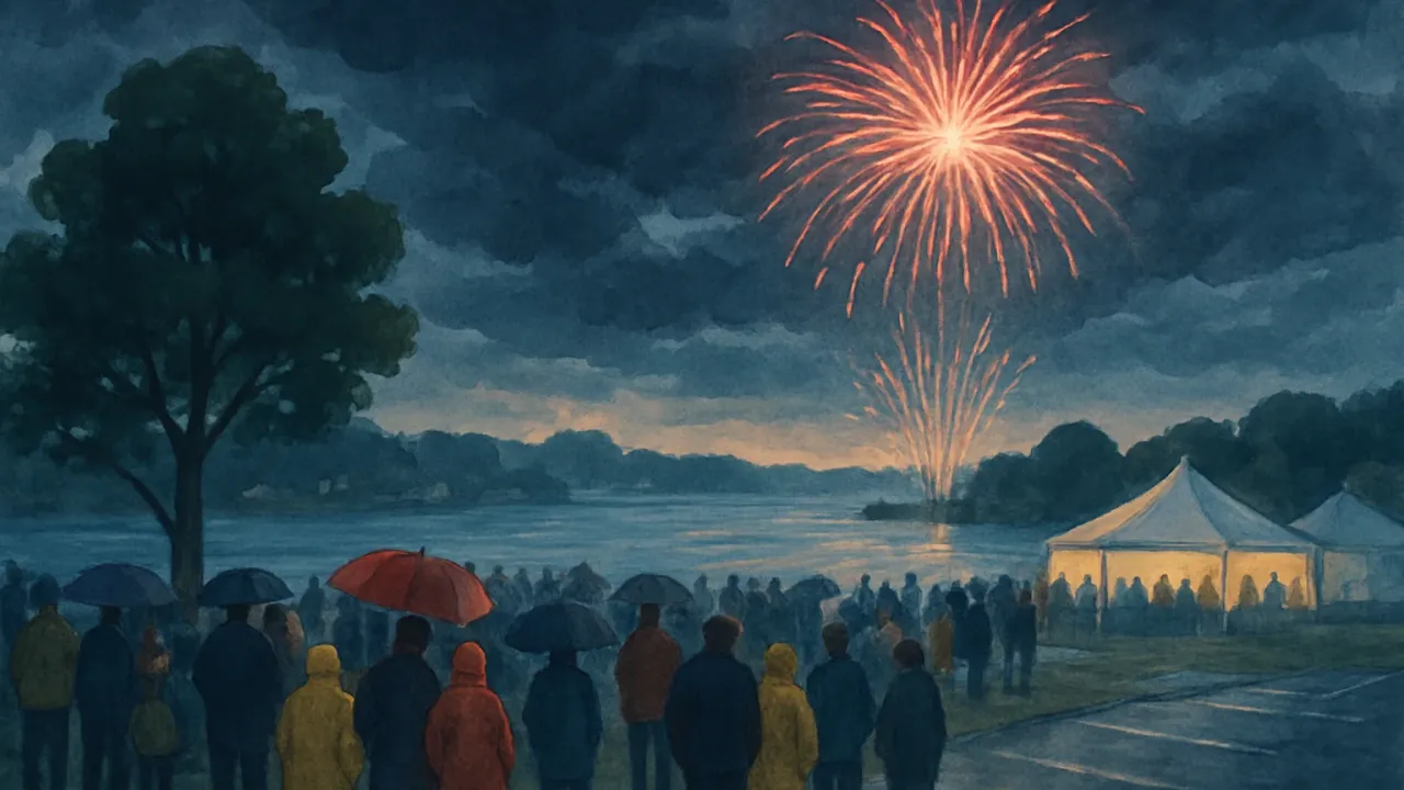 Stormy lakeside festival scene with a crowd under umbrellas as fireworks light the night and some event areas appear closed.