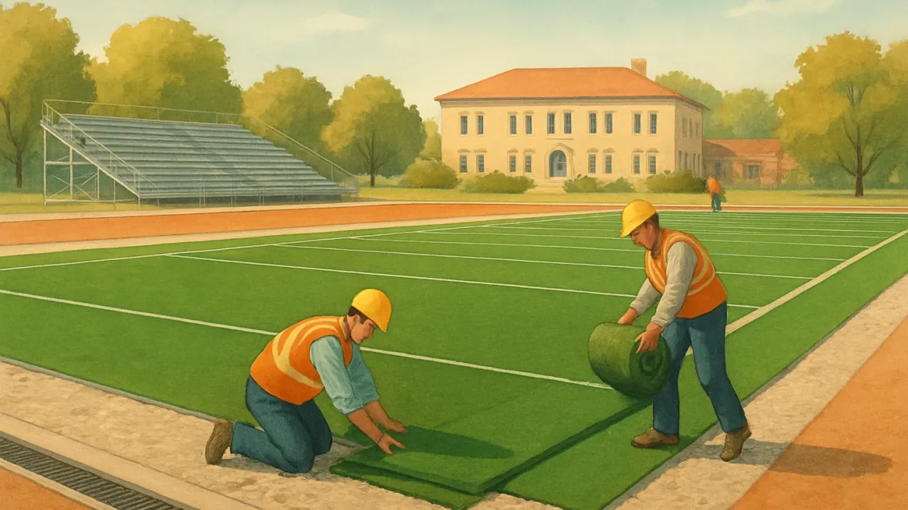Artificial turf installation at a small-town stadium in Riverside Park with crews working on the field surface.
