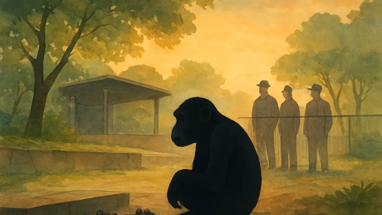 Illustration of a serene zoo enclosure at dawn with a chimpanzee and distant zoo staff, conveying the feeling of loss.