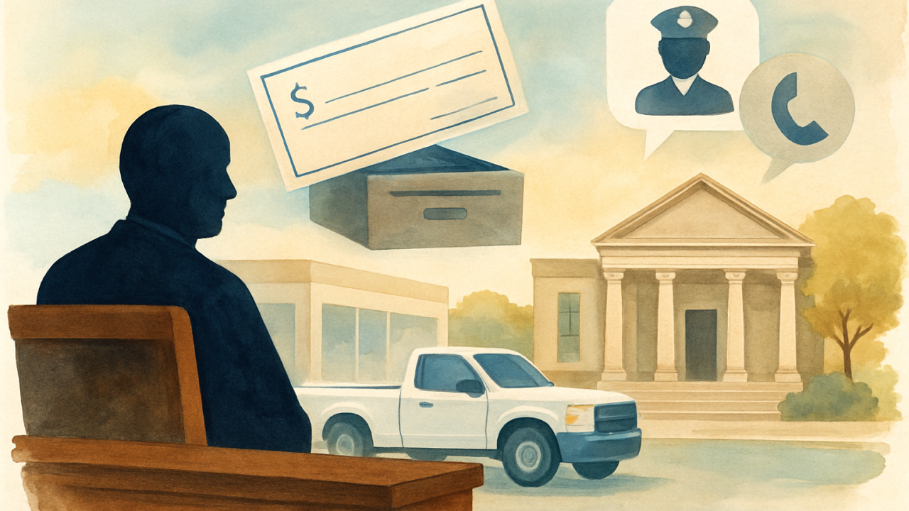 Editorial illustration of a vehicle sale investigation involving a closed-account check and police activity