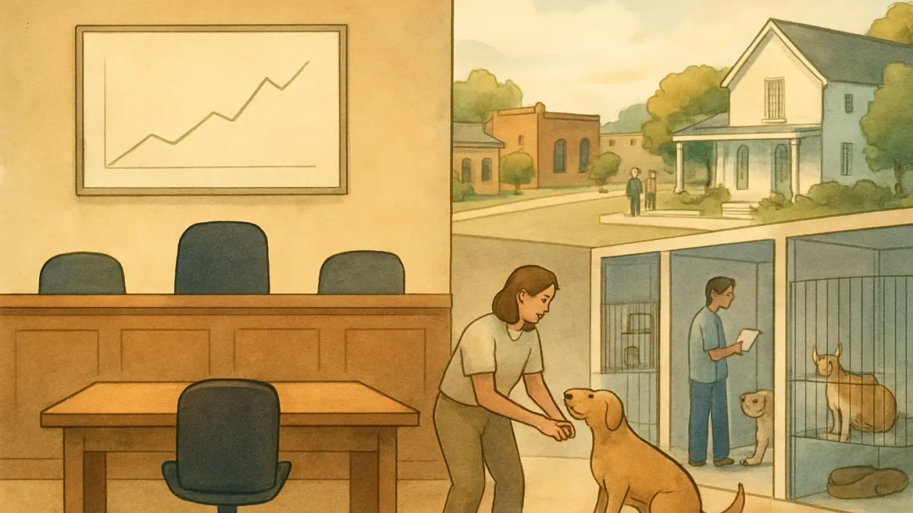 Illustration of a city council meeting space next to a tranquil animal shelter planning scene.