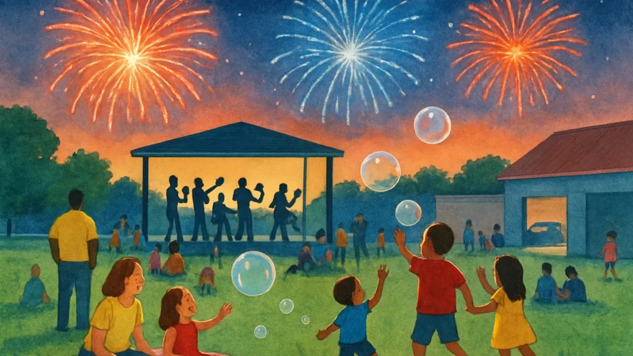 A community gathering in a park with children playing and a band silhouette, fireworks lighting the sky over Salina.