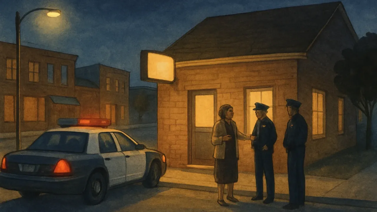 Nighttime illustration of a motel exterior with responders nearby after a threat call, shown in a calm, non-graphic scene.