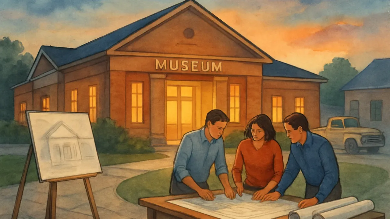 Artist’s illustration showing people reviewing architectural drawings near a museum exterior at dusk